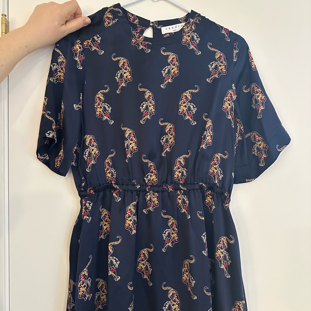 Sandro Dark Navy 100% silk Dress with tiger Pattern